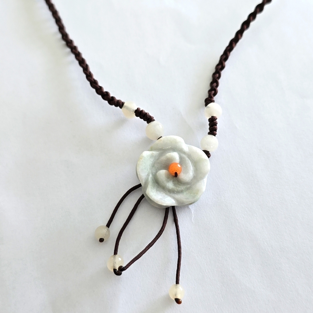 Huge Adjustable Beaded Chain Delicate Carved Jadeite Jade Peony Flower Necklace
